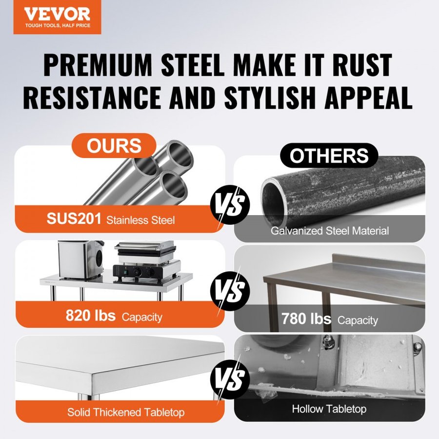 VEVOR Stainless Steel Work Table 30 x 18 x 38 Inch, with 4 Wheels, 3 Adjustable Height Levels, Heavy Duty Food Prep Worktable for Commercial Kitchen Restaurant, Silver