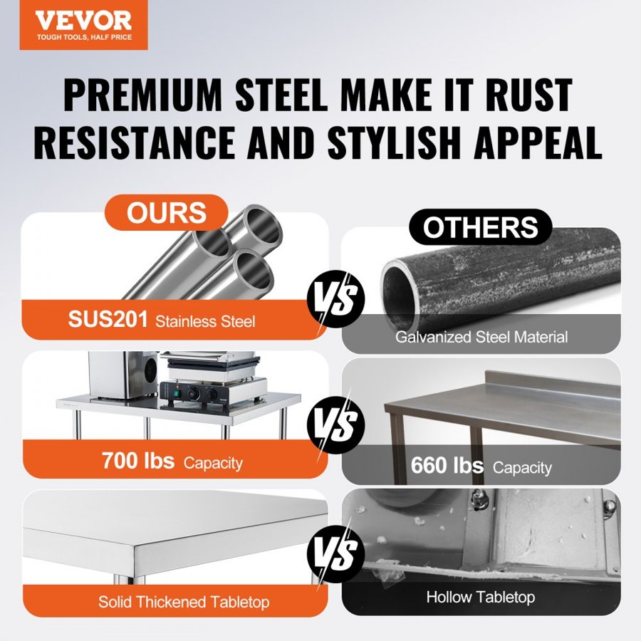 VEVOR Stainless Steel Work Table 24 x 30 x 38 Inch, with 4 Wheels, 3 Adjustable Height Levels, Heavy Duty Food Prep Worktable for Commercial Kitchen Restaurant, Silver