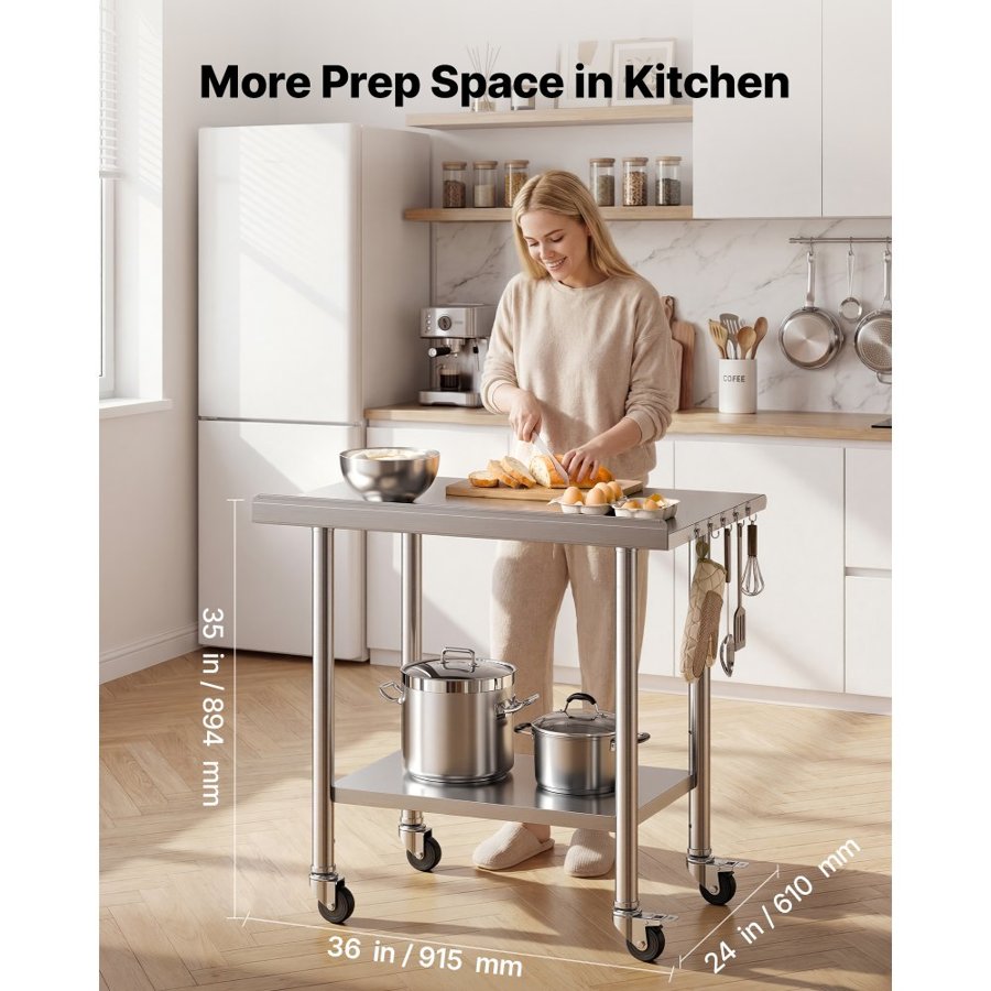 VEVOR Stainless Steel Food Prep Table – 61x91 cm, Wheels