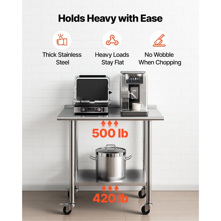 VEVOR Stainless Steel Food Prep Table – 61x91 cm, Wheels