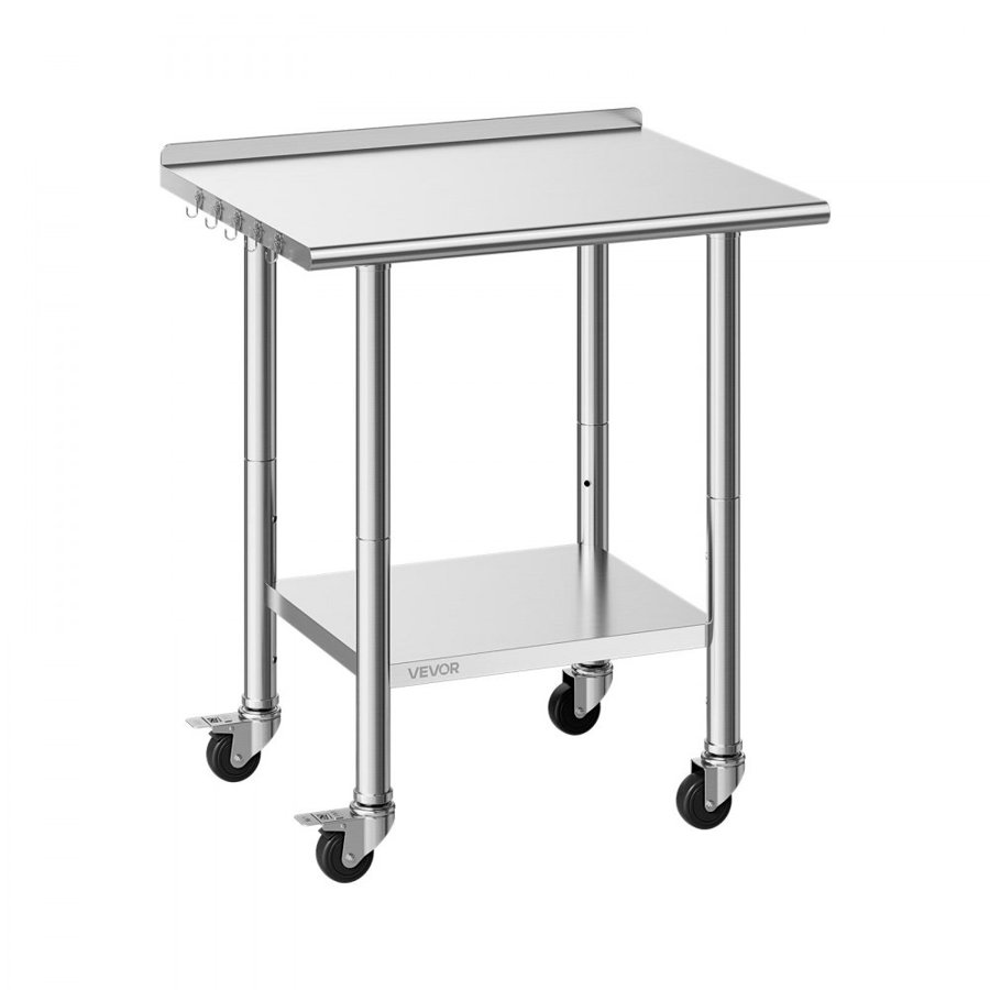 VEVOR Stainless Steel Work Table, 61x76 cm Food Prep Table with Wheels and Backsplash, Commercial Kitchen Workstation with Adjustable Undershelf, Metal Utility Worktable, for Restaurant Outdoor