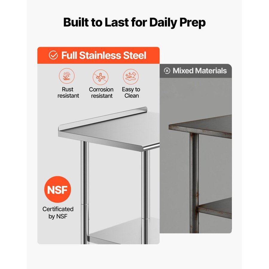 VEVOR Stainless Steel Work Table, 61x76 cm Food Prep Table with Wheels and Backsplash, Commercial Kitchen Workstation with Adjustable Undershelf, Metal Utility Worktable, for Restaurant Outdoor