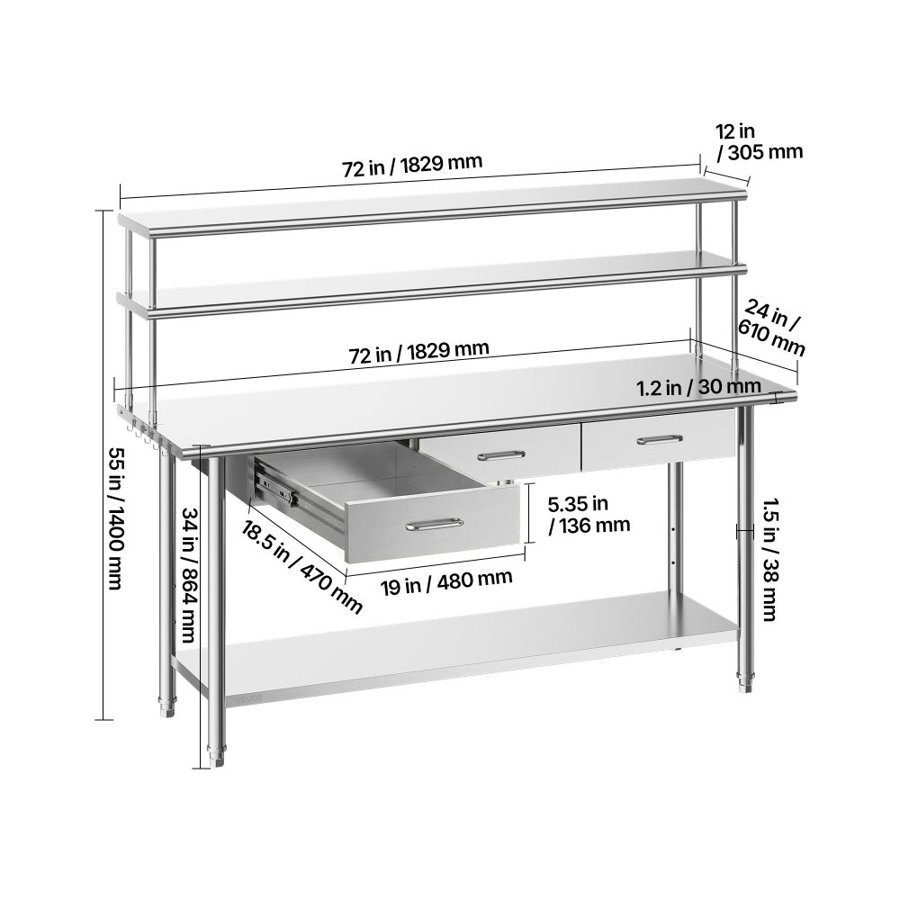 VEVOR Commercial Kitchen Workstation – 72×24 in, 4-Tier