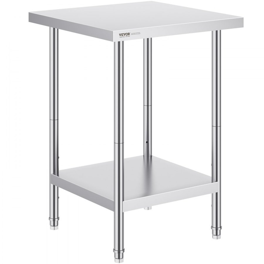 VEVOR Stainless Steel Prep Table, 24 x 24 x 34 Inch, Heavy Duty Metal Worktable with 3 Adjustable Height Levels, Commercial Workstation for Kitchen Garage Restaurant Backyard