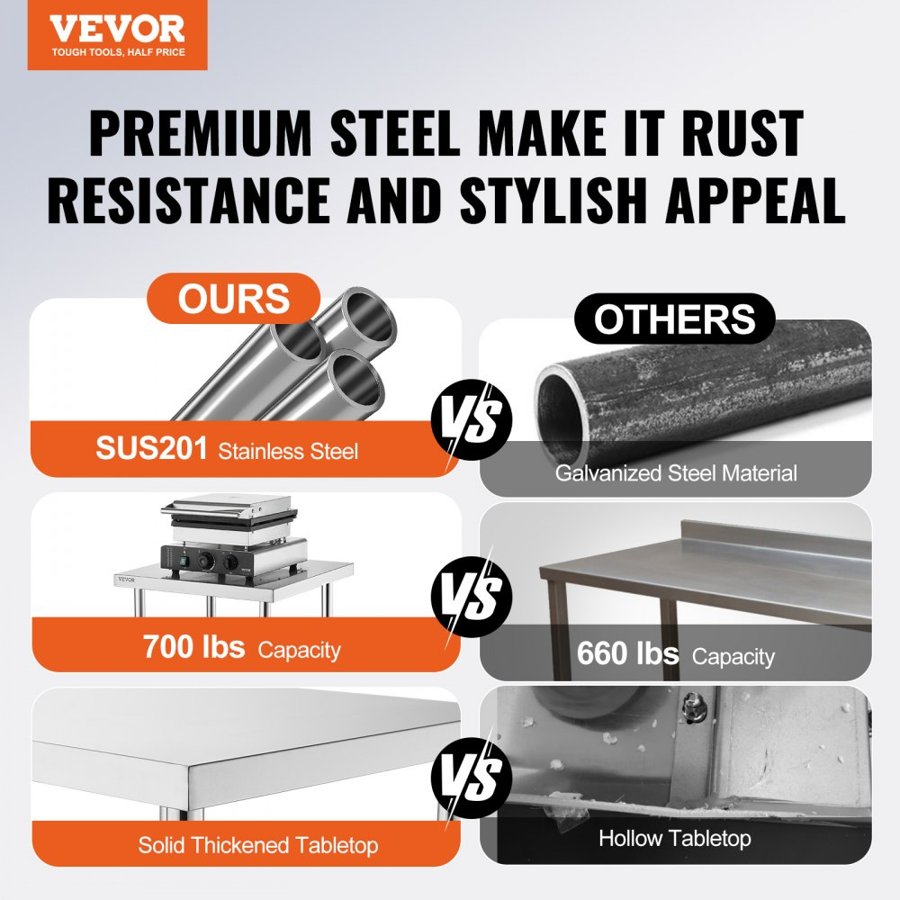 VEVOR Stainless Steel Prep Table, 24 x 24 x 34 Inch, Heavy Duty Metal Worktable with 3 Adjustable Height Levels, Commercial Workstation for Kitchen Garage Restaurant Backyard