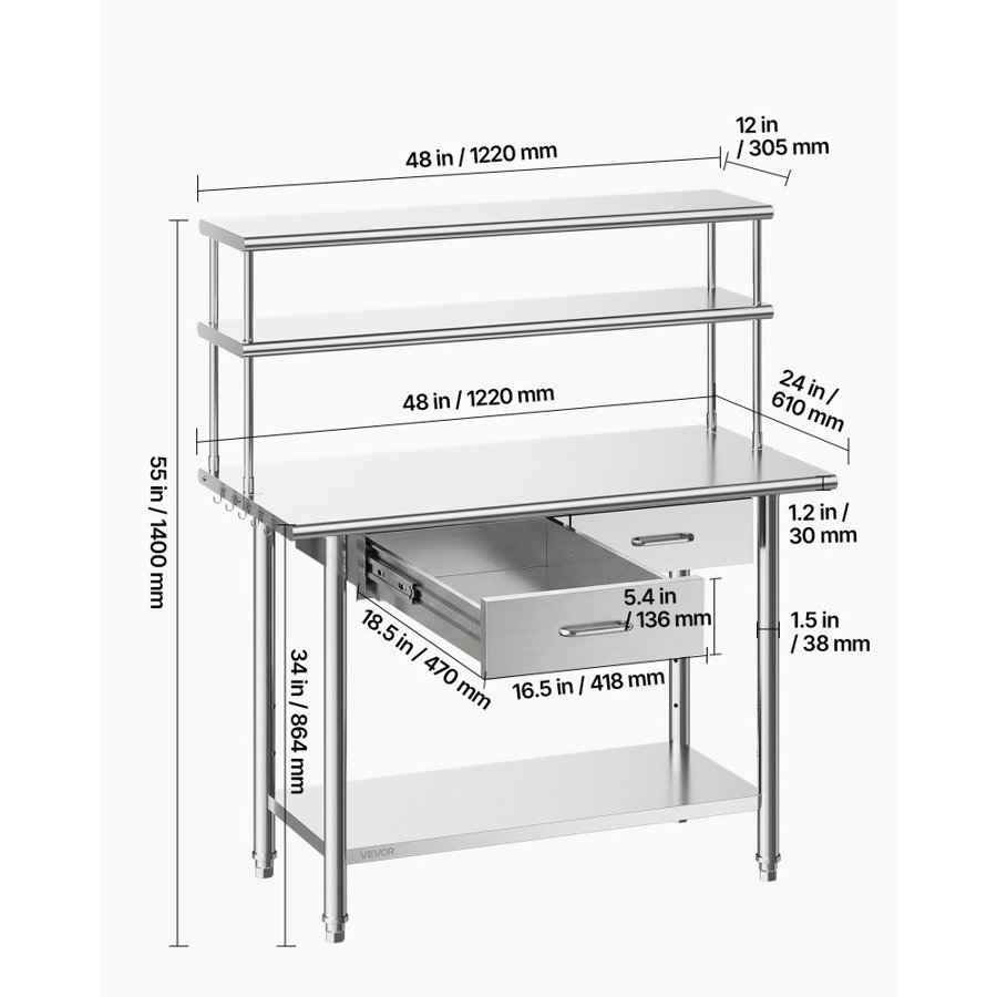 VEVOR Stainless Steel Prep Table with Drawers – 61x122cm