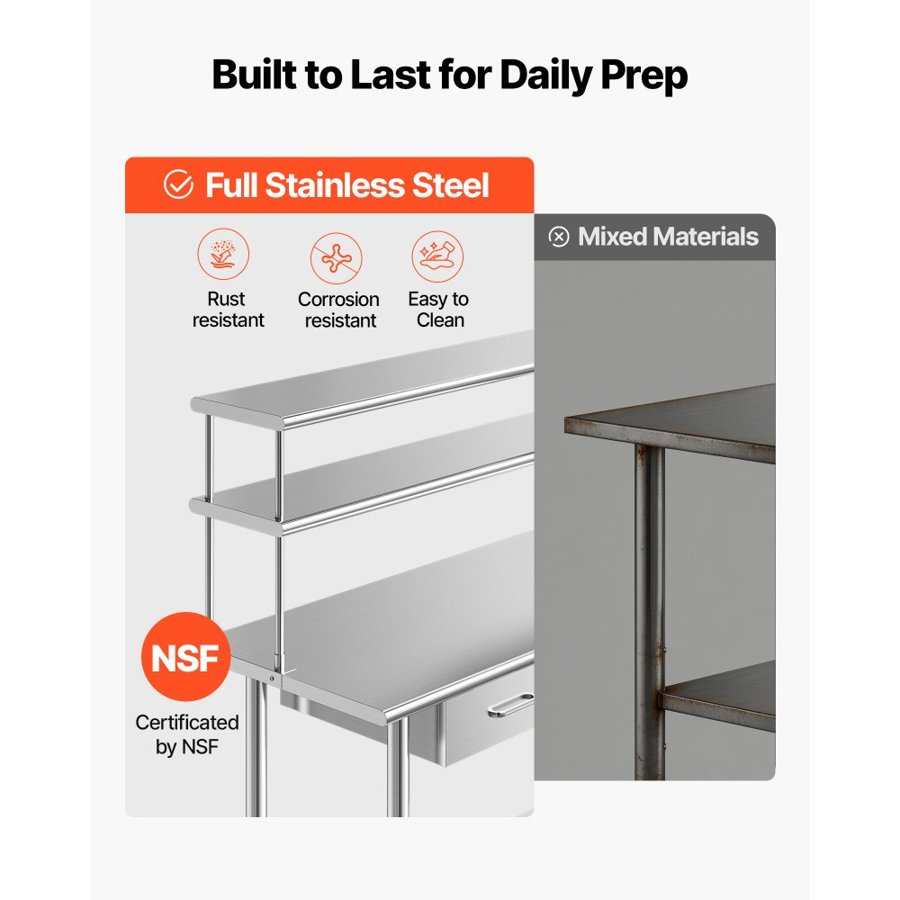 VEVOR Stainless Steel Prep Table with Drawers – 61x122cm