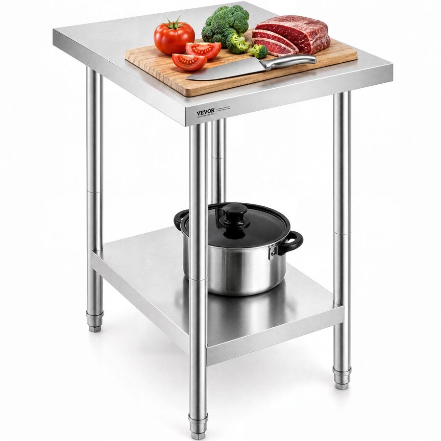 VEVOR Stainless Steel Prep Table, 24 x 18 x 34 Inch, Heavy Duty Metal Worktable with 3 Adjustable Height Levels, Commercial Workstation for Kitchen Garage Restaurant Backyard