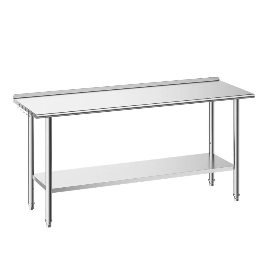 VEVOR Stainless Steel Work Table, 61x183 cm Food Prep Table with Backsplash, Commercial Kitchen Workstation with Adjustable Undershelf, Metal Heavy Duty Utility Worktable, for Restaurant Home Outdoor