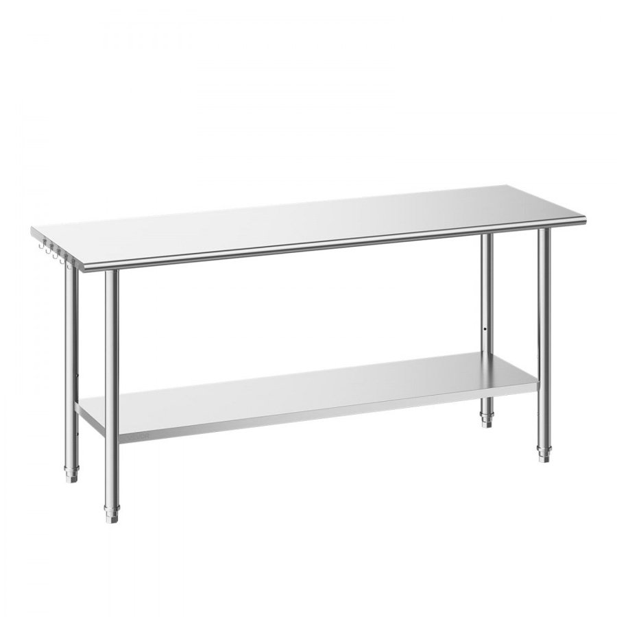 VEVOR Stainless Steel Work Table, 61x183 cm Food Prep Table, Commercial Kitchen Workstation with Adjustable Undershelf, Metal Heavy Duty Utility Worktable, for Restaurant Home Hotel Garage Outdoor
