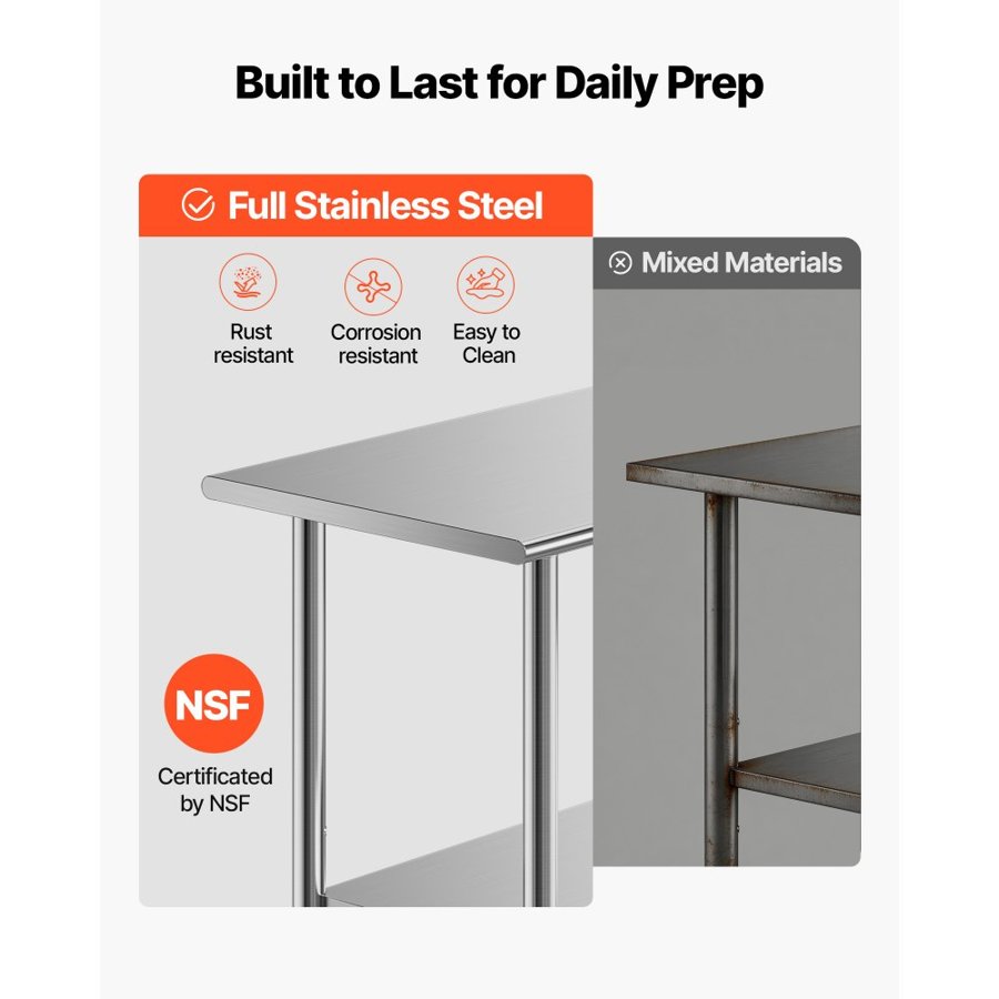 VEVOR Stainless Steel Work Table, 61x183 cm Food Prep Table, Commercial Kitchen Workstation with Adjustable Undershelf, Metal Heavy Duty Utility Worktable, for Restaurant Home Hotel Garage Outdoor