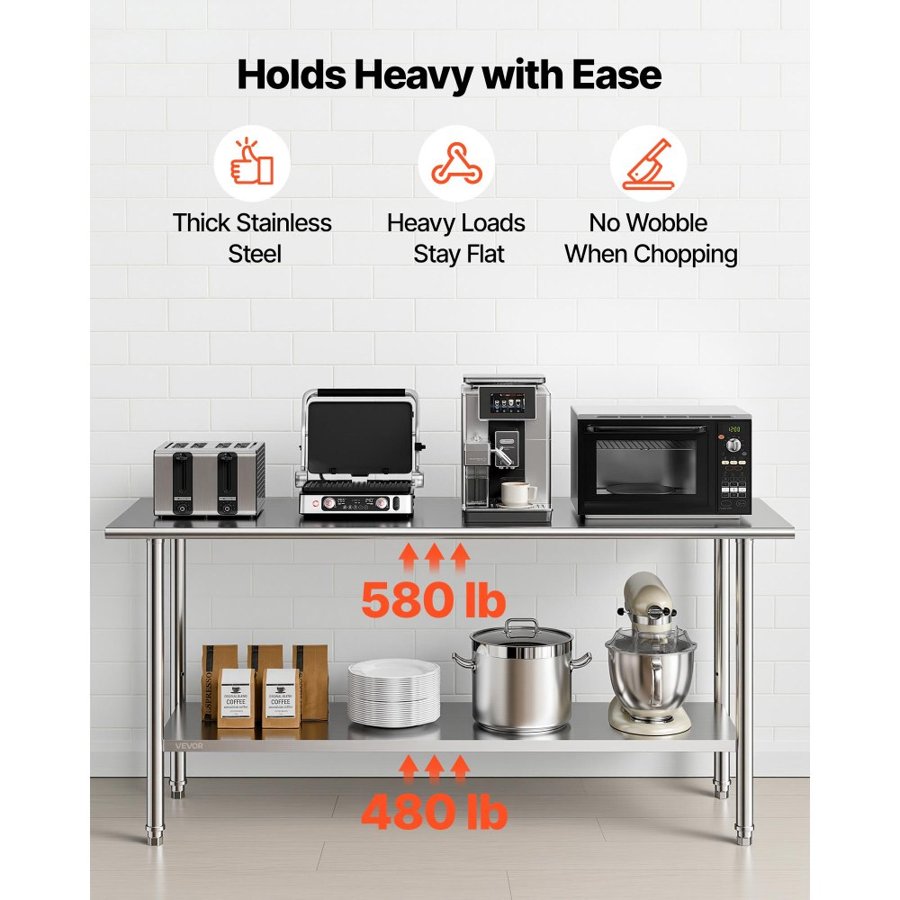 VEVOR Stainless Steel Work Table, 61x183 cm Food Prep Table, Commercial Kitchen Workstation with Adjustable Undershelf, Metal Heavy Duty Utility Worktable, for Restaurant Home Hotel Garage Outdoor