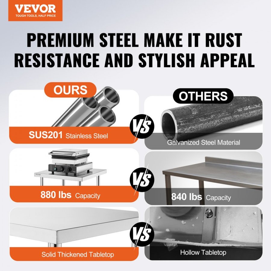 VEVOR Stainless Steel Prep Table, 30 x 48 x 34 Inch, Heavy Duty Metal Worktable with 3 Adjustable Height Levels, Commercial Workstation for Kitchen Garage Restaurant Backyard