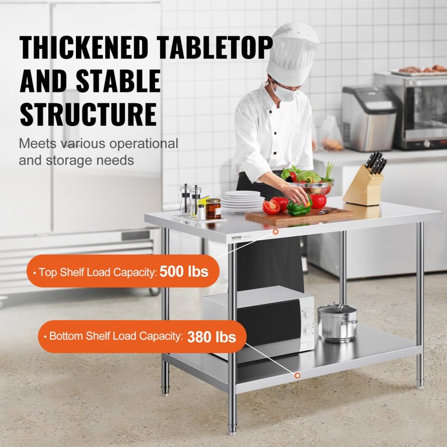 VEVOR Stainless Steel Prep Table, 30 x 48 x 34 Inch, Heavy Duty Metal Worktable with 3 Adjustable Height Levels, Commercial Workstation for Kitchen Garage Restaurant Backyard