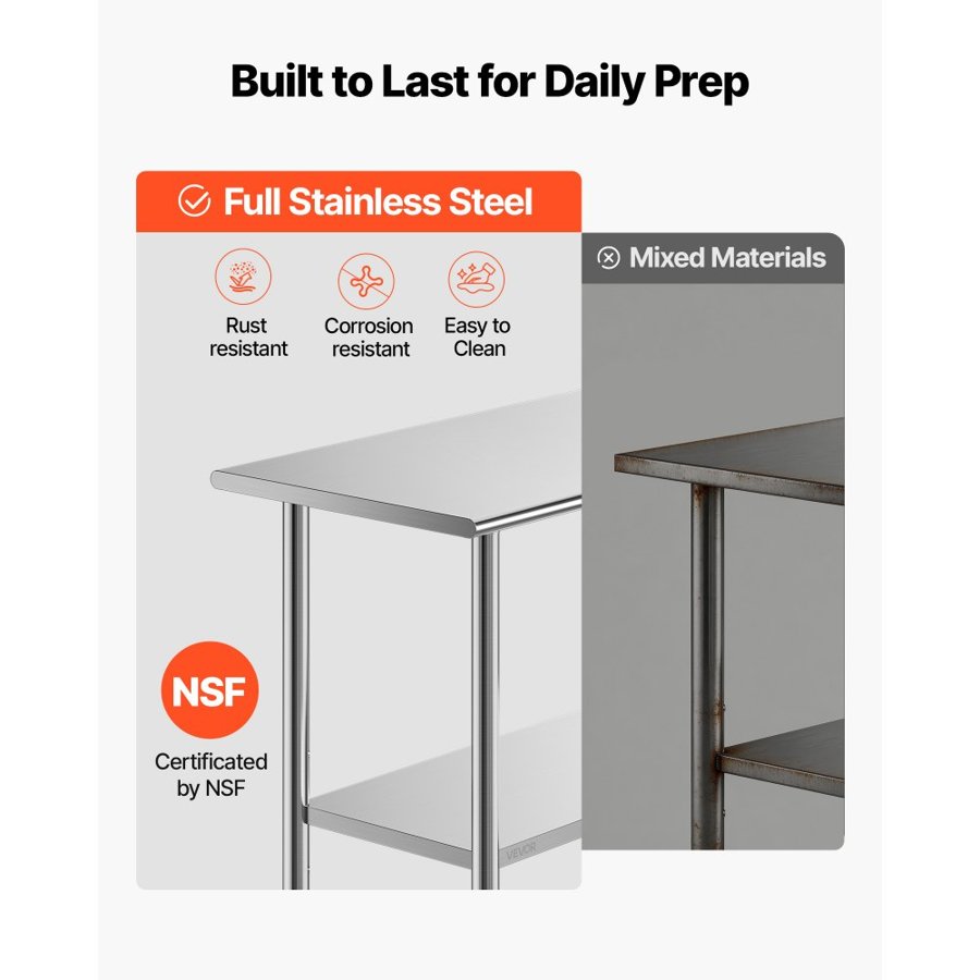 VEVOR Stainless Steel Work Table – 48x24 in, 540 lb, 2-Tier