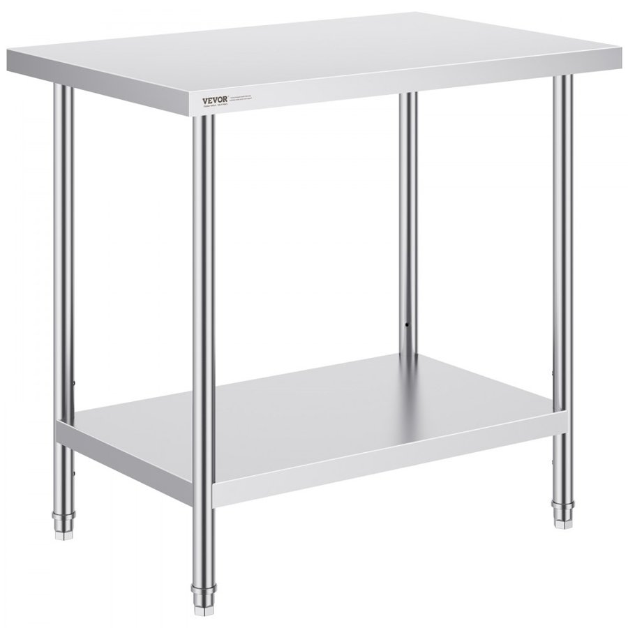 VEVOR Stainless Steel Prep Table, 24 x 36 x 34 Inch, Heavy Duty Metal Worktable with 3 Adjustable Height Levels, Commercial Workstation for Kitchen Garage Restaurant Backyard