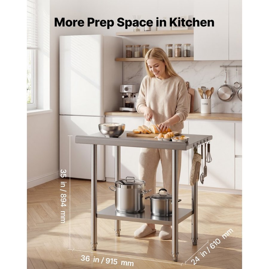 VEVOR Stainless Steel Work Table, 61x91.5 cm Food Prep Table with Backsplash, Commercial Kitchen Workstation with Adjustable Undershelf, Metal Heavy Duty Utility Worktable, for Restaurant Home Outdoor