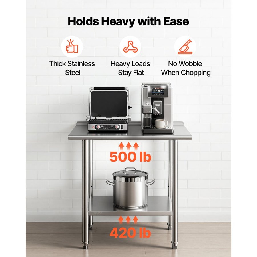VEVOR Stainless Steel Work Table, 61x91.5 cm Food Prep Table with Backsplash, Commercial Kitchen Workstation with Adjustable Undershelf, Metal Heavy Duty Utility Worktable, for Restaurant Home Outdoor