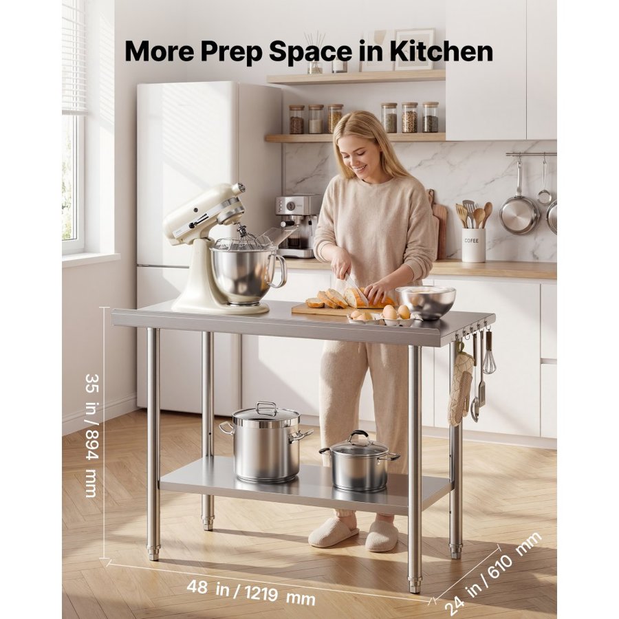 VEVOR Stainless Steel Kitchen Work Table – 48x24 in, 2-Tier