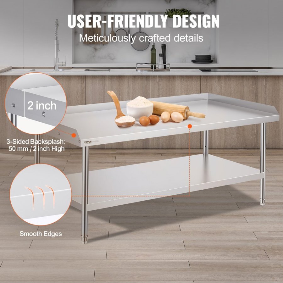 VEVOR Stainless Steel Work Table, 30 x 60 x 26 Inch Commercial Food Prep Worktable, 3-Sided Backsplash Heavy Duty Prep Worktable, Metal Work Table for Restaurant Home Hotel