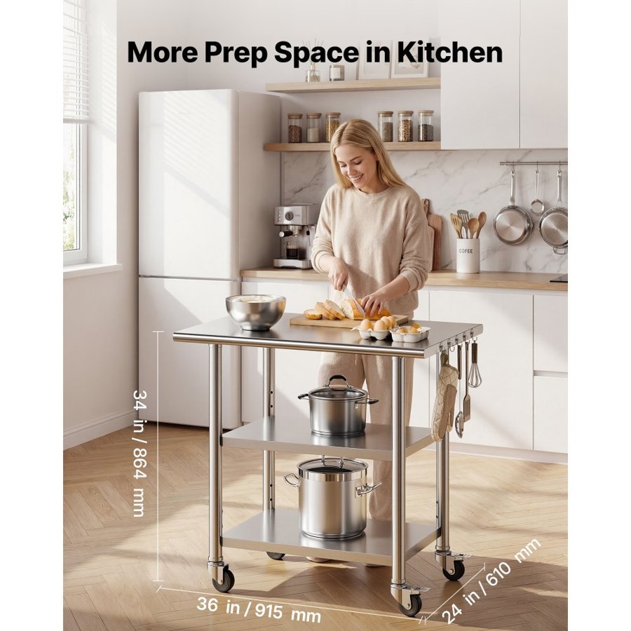 VEVOR Stainless Steel Work Table, 61x91.5 cm Food Prep Table with 2 Shelves and Wheels, Commercial Kitchen Workstation, Metal Heavy Duty Utility Worktable, for Restaurant Home Hotel Garage Outdoor