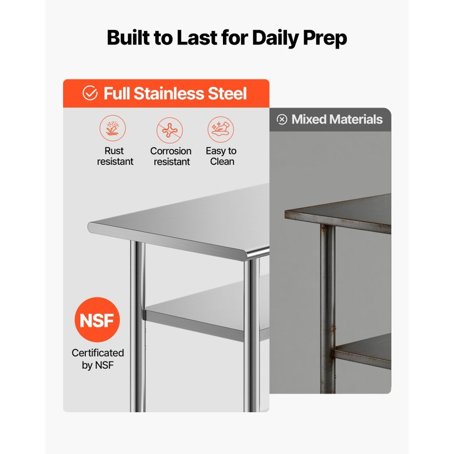 VEVOR Stainless Steel Work Table, 61x91.5 cm Food Prep Table with 2 Shelves and Wheels, Commercial Kitchen Workstation, Metal Heavy Duty Utility Worktable, for Restaurant Home Hotel Garage Outdoor