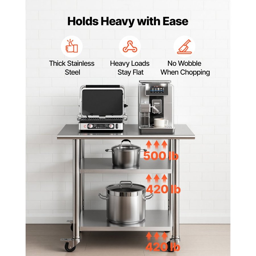 VEVOR Stainless Steel Work Table, 61x91.5 cm Food Prep Table with 2 Shelves and Wheels, Commercial Kitchen Workstation, Metal Heavy Duty Utility Worktable, for Restaurant Home Hotel Garage Outdoor
