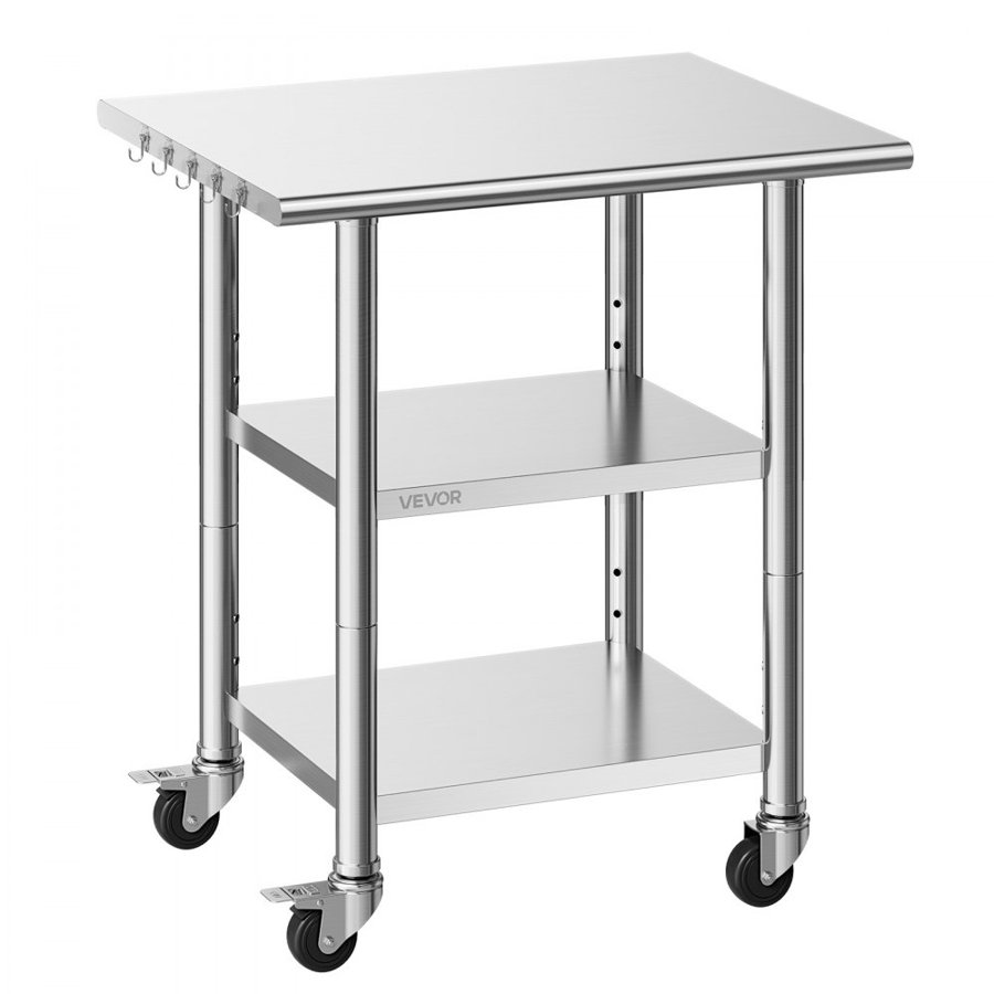 VEVOR Stainless Steel Work Table, 61x76 cm Food Prep Table with 2 Shelves and Wheels, Commercial Kitchen Workstation, Metal Heavy Duty Utility Worktable, for Restaurant Home Hotel Garage Outdoor