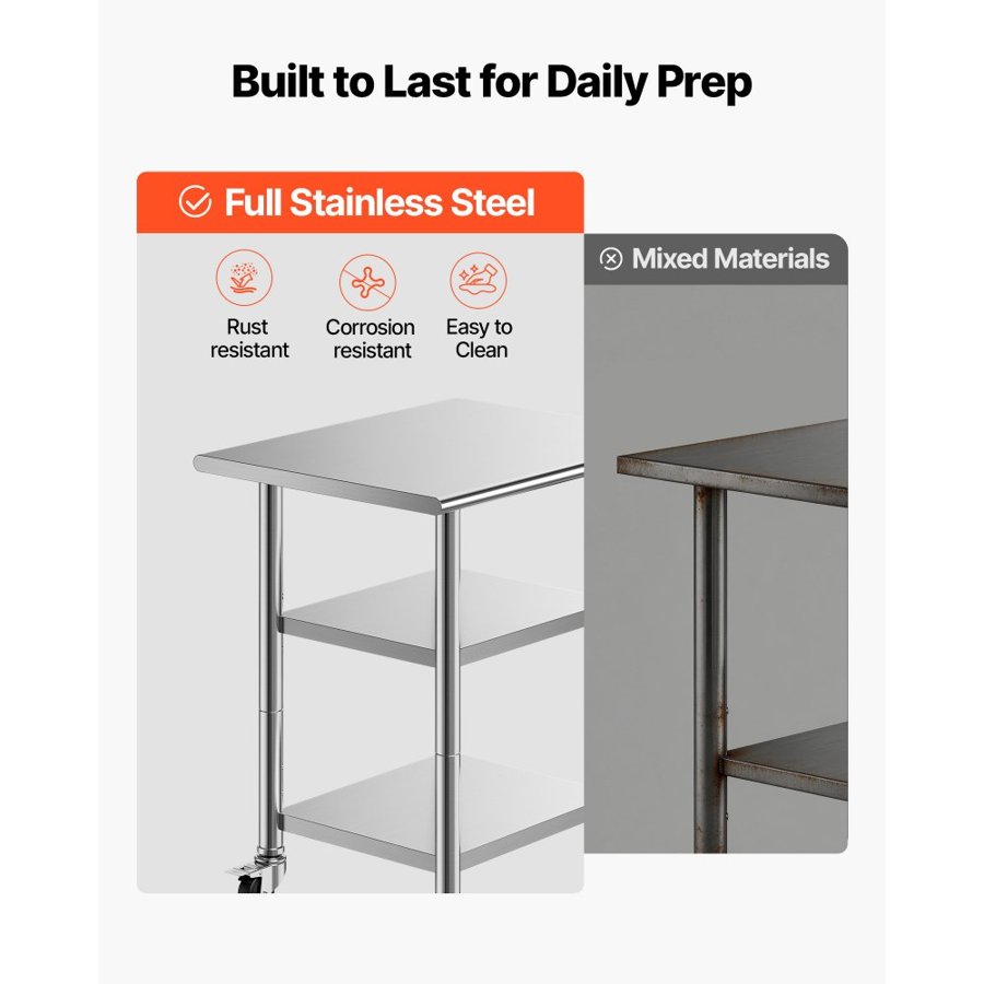 VEVOR Stainless Steel Work Table, 61x76 cm Food Prep Table with 2 Shelves and Wheels, Commercial Kitchen Workstation, Metal Heavy Duty Utility Worktable, for Restaurant Home Hotel Garage Outdoor