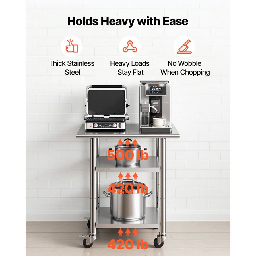 VEVOR Stainless Steel Work Table, 61x76 cm Food Prep Table with 2 Shelves and Wheels, Commercial Kitchen Workstation, Metal Heavy Duty Utility Worktable, for Restaurant Home Hotel Garage Outdoor