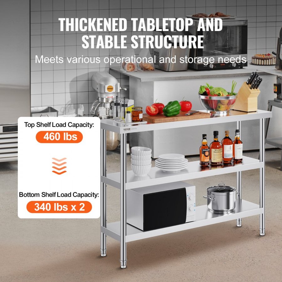 VEVOR Stainless Steel Food Prep Table Commercial Kitchen Work Table 35.6x121.9 cm