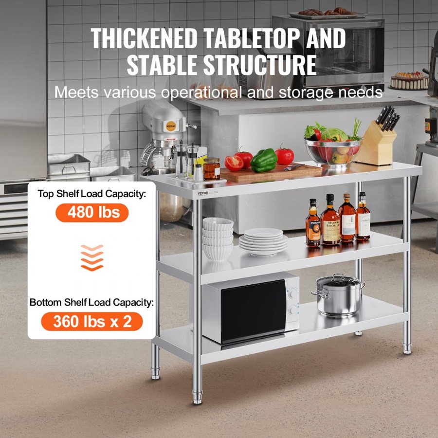 VEVOR Stainless Steel Food Prep Table Commercial Kitchen Work Table 45.7x121.9 cm