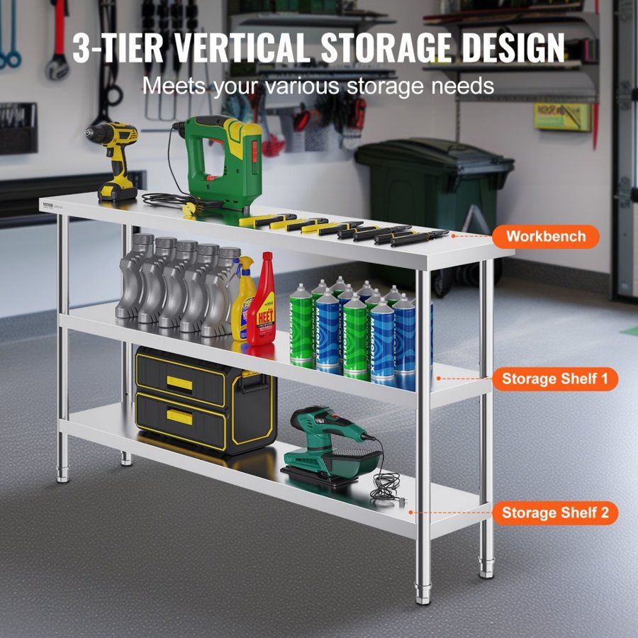 VEVOR Stainless Steel Food Prep Table Commercial Kitchen Work Table 35.6x152.4 cm