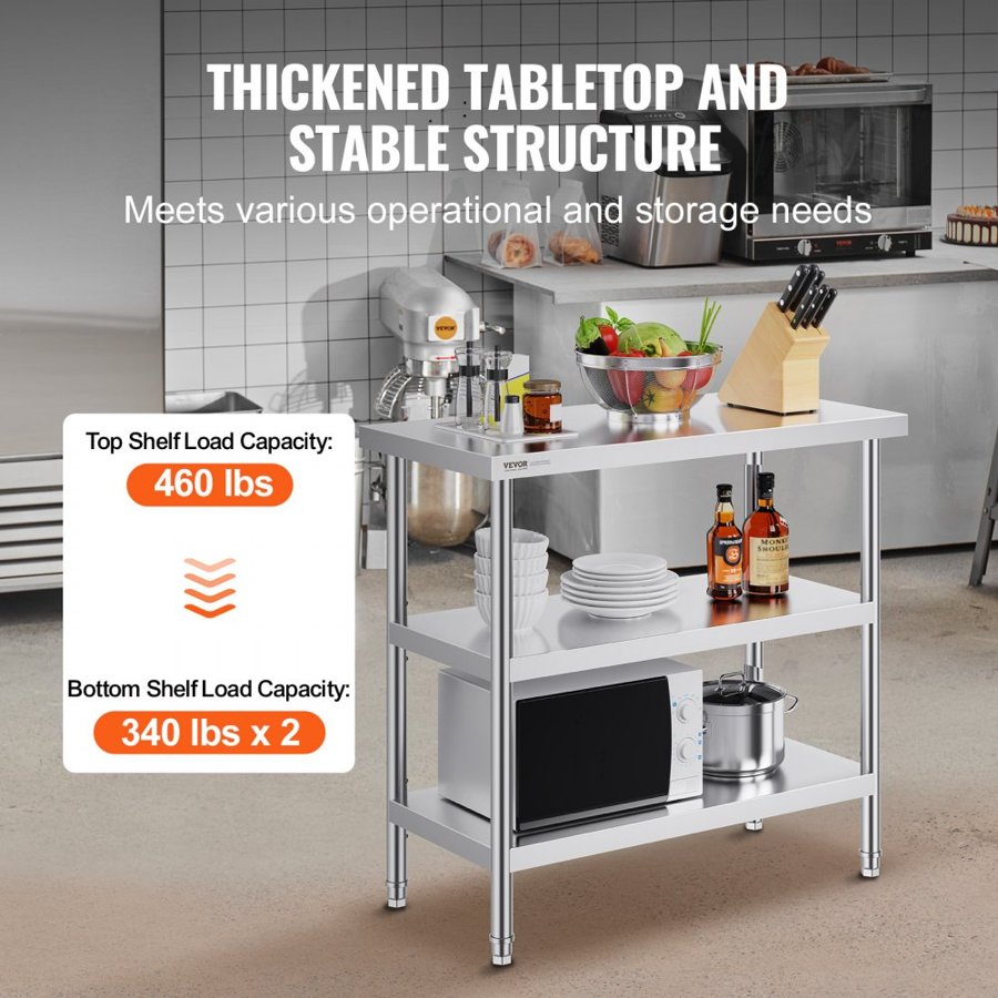 VEVOR Stainless Steel Food Prep Table Commercial Kitchen Work Table 45.7x91.4 cm