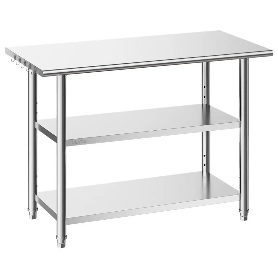 VEVOR Stainless Steel Work Table, 61x122 cm Food Prep Table with 2 Shelves, Commercial Kitchen Workstation, Metal Heavy Duty Utility Worktable, for Restaurant Home Hotel Garage Outdoor