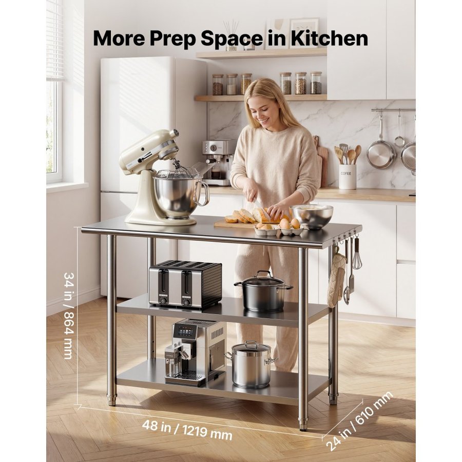 VEVOR Stainless Steel Work Table, 61x122 cm Food Prep Table with 2 Shelves, Commercial Kitchen Workstation, Metal Heavy Duty Utility Worktable, for Restaurant Home Hotel Garage Outdoor