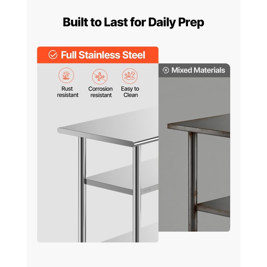 VEVOR Stainless Steel Work Table, 61x122 cm Food Prep Table with 2 Shelves, Commercial Kitchen Workstation, Metal Heavy Duty Utility Worktable, for Restaurant Home Hotel Garage Outdoor