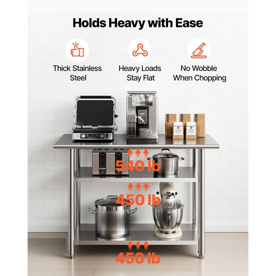 VEVOR Stainless Steel Work Table, 61x122 cm Food Prep Table with 2 Shelves, Commercial Kitchen Workstation, Metal Heavy Duty Utility Worktable, for Restaurant Home Hotel Garage Outdoor