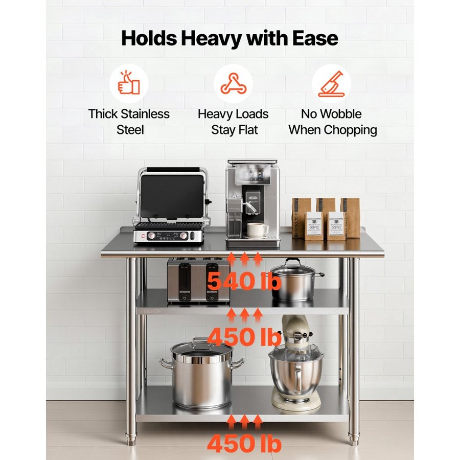 VEVOR Stainless Steel Work Table, 61x122 cm Food Prep Table with 2 Shelves and Backsplash, Commercial Kitchen Workstation, Metal Heavy Duty Utility Worktable, for Restaurant Home Hotel Garage Outdoor
