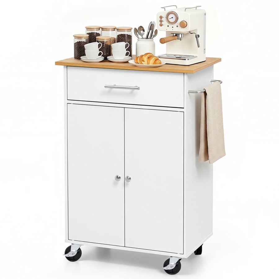 VEVOR Kitchen Island Cart with Storage, 631 mm Wide Mobile Rolling Storage Island on Swivel Wheels, with Drawer, Storage Cabinet, Towel Rack, Hooks, Table for Home Dining Room, White