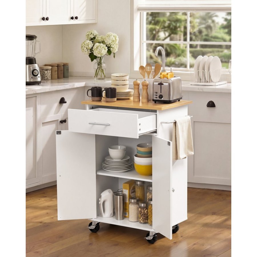 VEVOR Kitchen Island Cart with Storage, 631 mm Wide Mobile Rolling Storage Island on Swivel Wheels, with Drawer, Storage Cabinet, Towel Rack, Hooks, Table for Home Dining Room, White