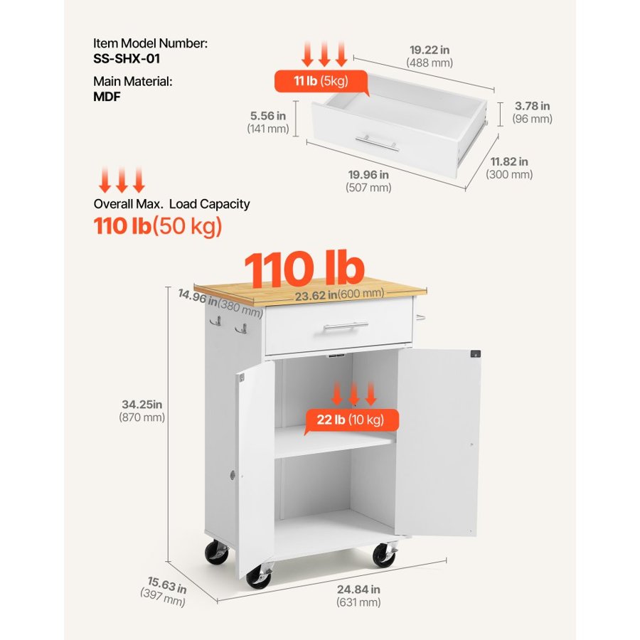 VEVOR Kitchen Island Cart with Storage, 631 mm Wide Mobile Rolling Storage Island on Swivel Wheels, with Drawer, Storage Cabinet, Towel Rack, Hooks, Table for Home Dining Room, White