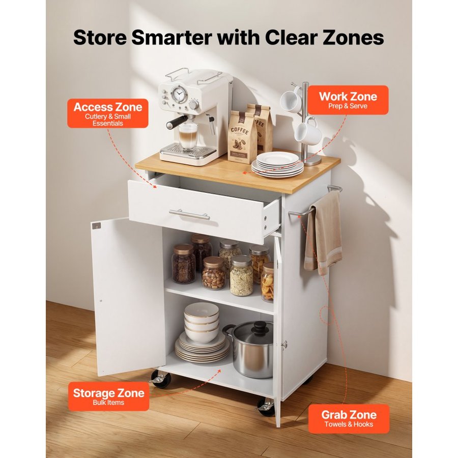 VEVOR Kitchen Island Cart with Storage, 631 mm Wide Mobile Rolling Storage Island on Swivel Wheels, with Drawer, Storage Cabinet, Towel Rack, Hooks, Table for Home Dining Room, White