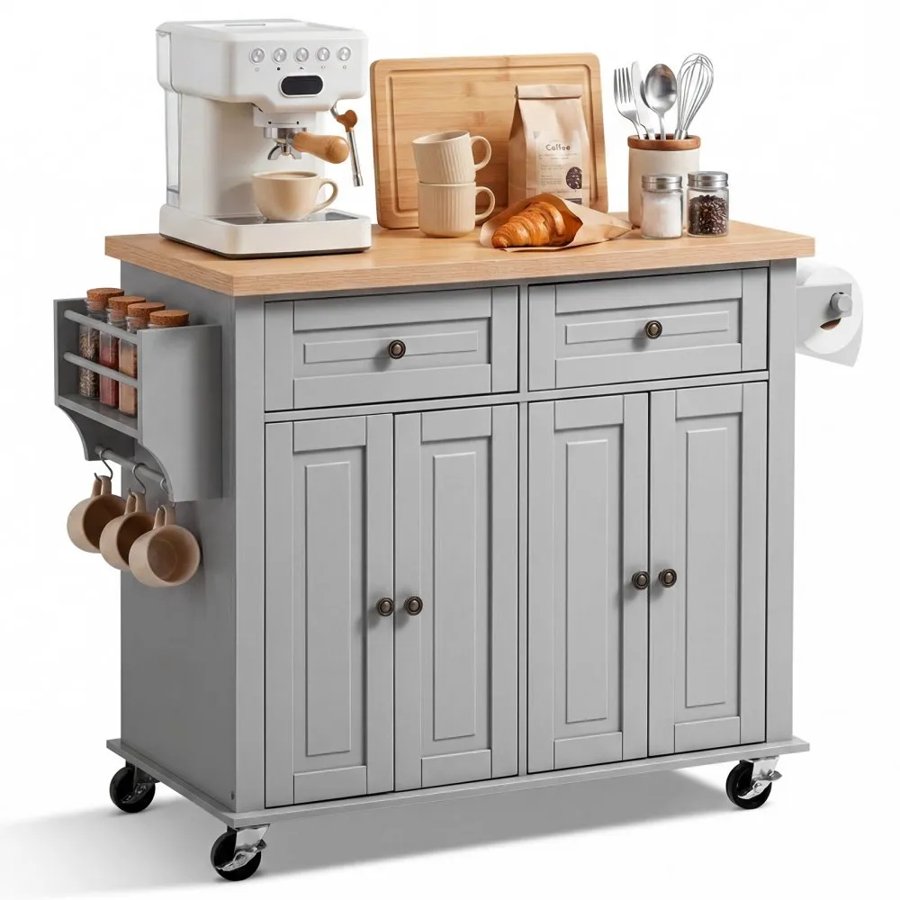 VEVOR Kitchen Island Cart with Storage, 1110 mm Wide Mobile Rolling Storage Island on Swivel Wheels, with 2 Drawers, Storage Cabinet, Spice/Towel Rack, Hooks, Table for Home Dining Room, Gray