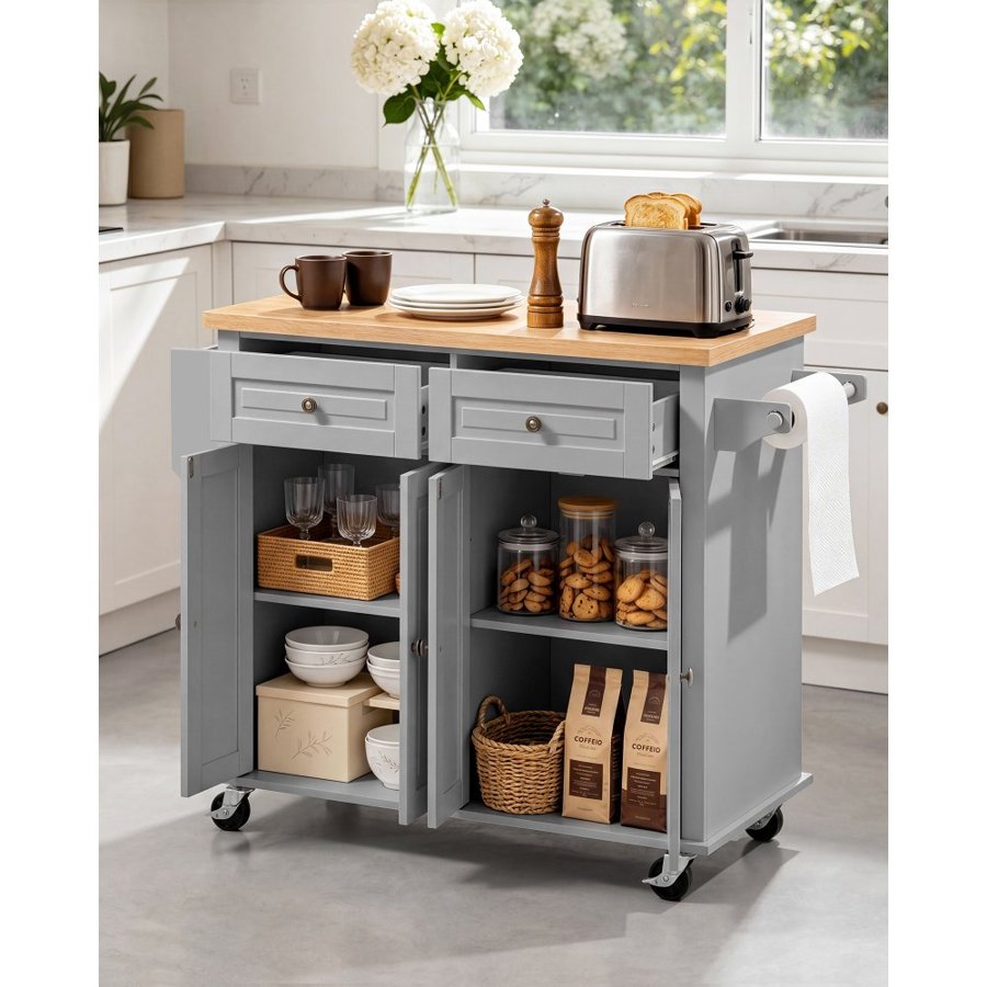 VEVOR Kitchen Island Cart with Storage, 1110 mm Wide Mobile Rolling Storage Island on Swivel Wheels, with 2 Drawers, Storage Cabinet, Spice/Towel Rack, Hooks, Table for Home Dining Room, Gray