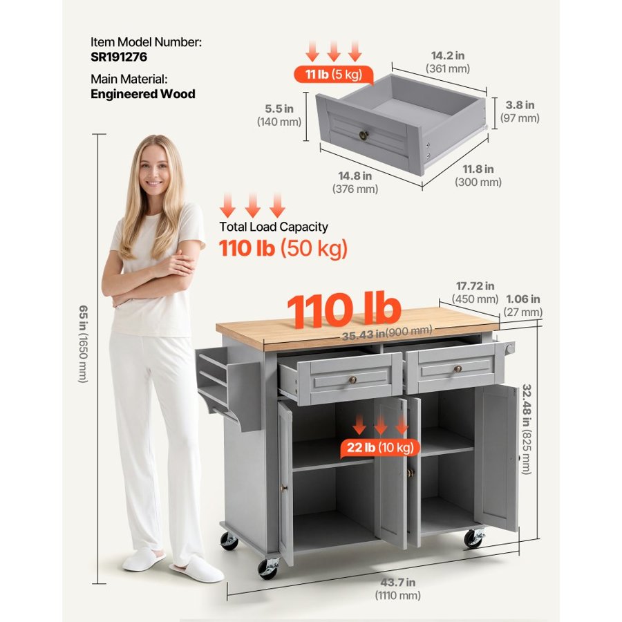 VEVOR Kitchen Island Cart with Storage, 1110 mm Wide Mobile Rolling Storage Island on Swivel Wheels, with 2 Drawers, Storage Cabinet, Spice/Towel Rack, Hooks, Table for Home Dining Room, Gray