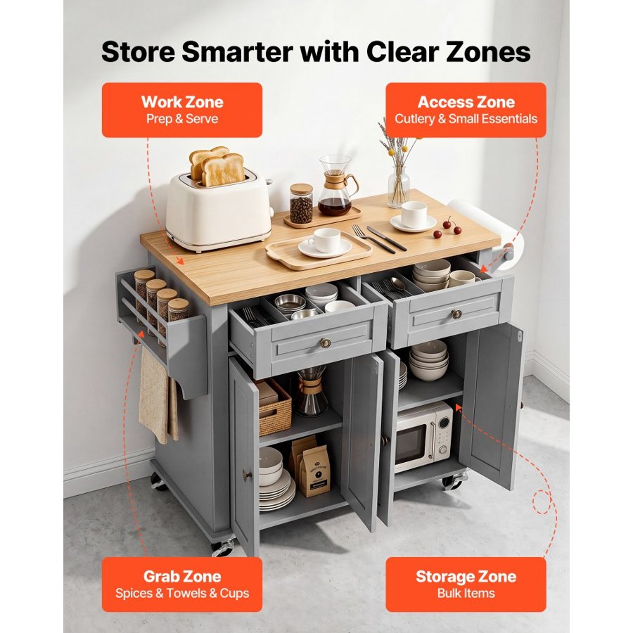 VEVOR Kitchen Island Cart with Storage, 1110 mm Wide Mobile Rolling Storage Island on Swivel Wheels, with 2 Drawers, Storage Cabinet, Spice/Towel Rack, Hooks, Table for Home Dining Room, Gray