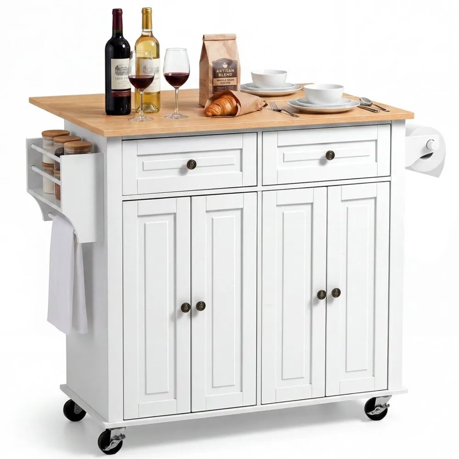 VEVOR Kitchen Island Cart with Storage, 1107 mm Wide Mobile Rolling Storage Island on Swivel Wheels, with 2 Drawers, Storage Cabinet, Drop Leaf, Spice/Towel Rack, Table for Home Dining Room, White
