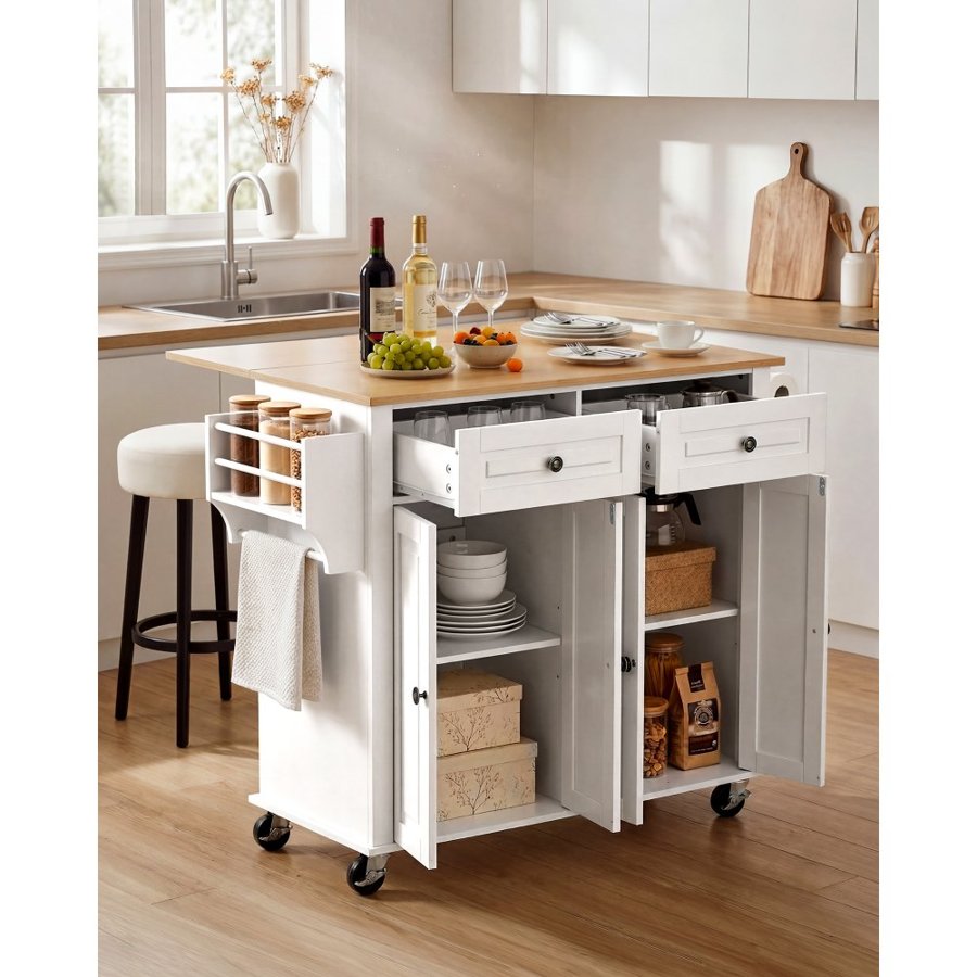 VEVOR Kitchen Island Cart with Storage, 1107 mm Wide Mobile Rolling Storage Island on Swivel Wheels, with 2 Drawers, Storage Cabinet, Drop Leaf, Spice/Towel Rack, Table for Home Dining Room, White