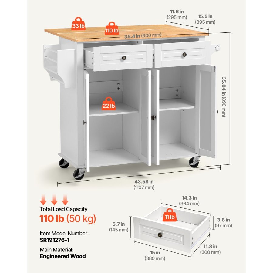 VEVOR Kitchen Island Cart with Storage, 1107 mm Wide Mobile Rolling Storage Island on Swivel Wheels, with 2 Drawers, Storage Cabinet, Drop Leaf, Spice/Towel Rack, Table for Home Dining Room, White